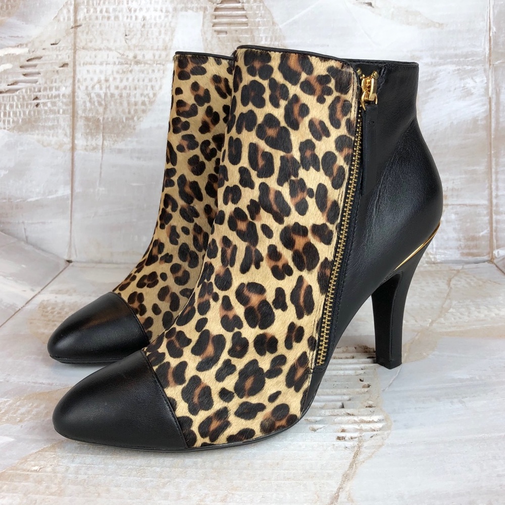Sofft Black/Leopard Print Genuine Leather/Calf Hair Heeled Ankle Boots Sz. 9-9.5